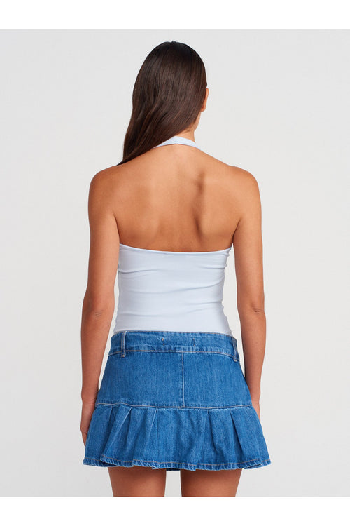 71979 %100 Pamuk Pileli Denim Şort Etek-Mavi