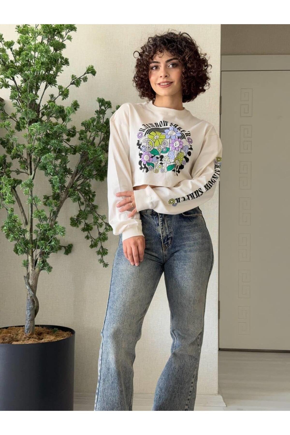 Baskı Detay Crop Sweatshirt -Bej