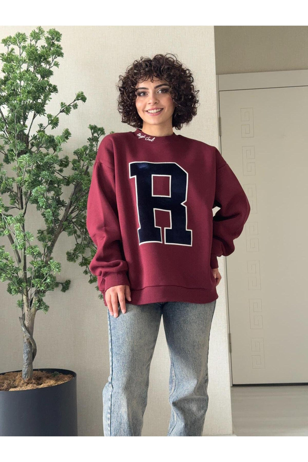 R Nakışlı Oversize Sweatshirt Bordo