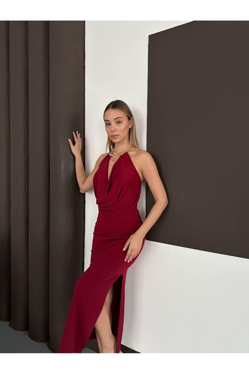 Aksesuar Tokalı Halter Yaka Elbise -Bordo