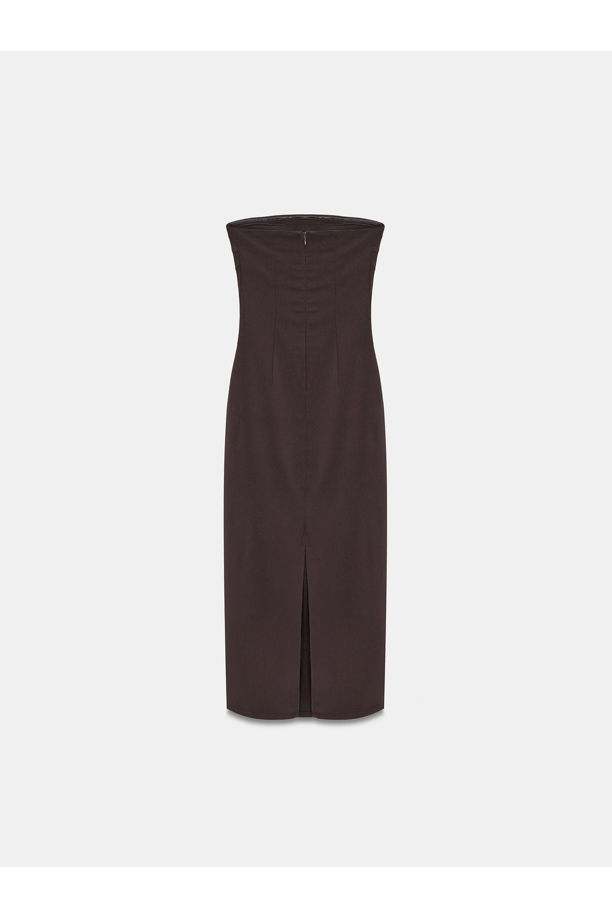 91368 Straplez Midi Elbise-Koyu Kahve