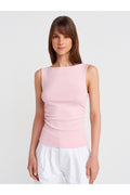 31589 Büzgülü Kayık Yaka Top-Toz Pembe