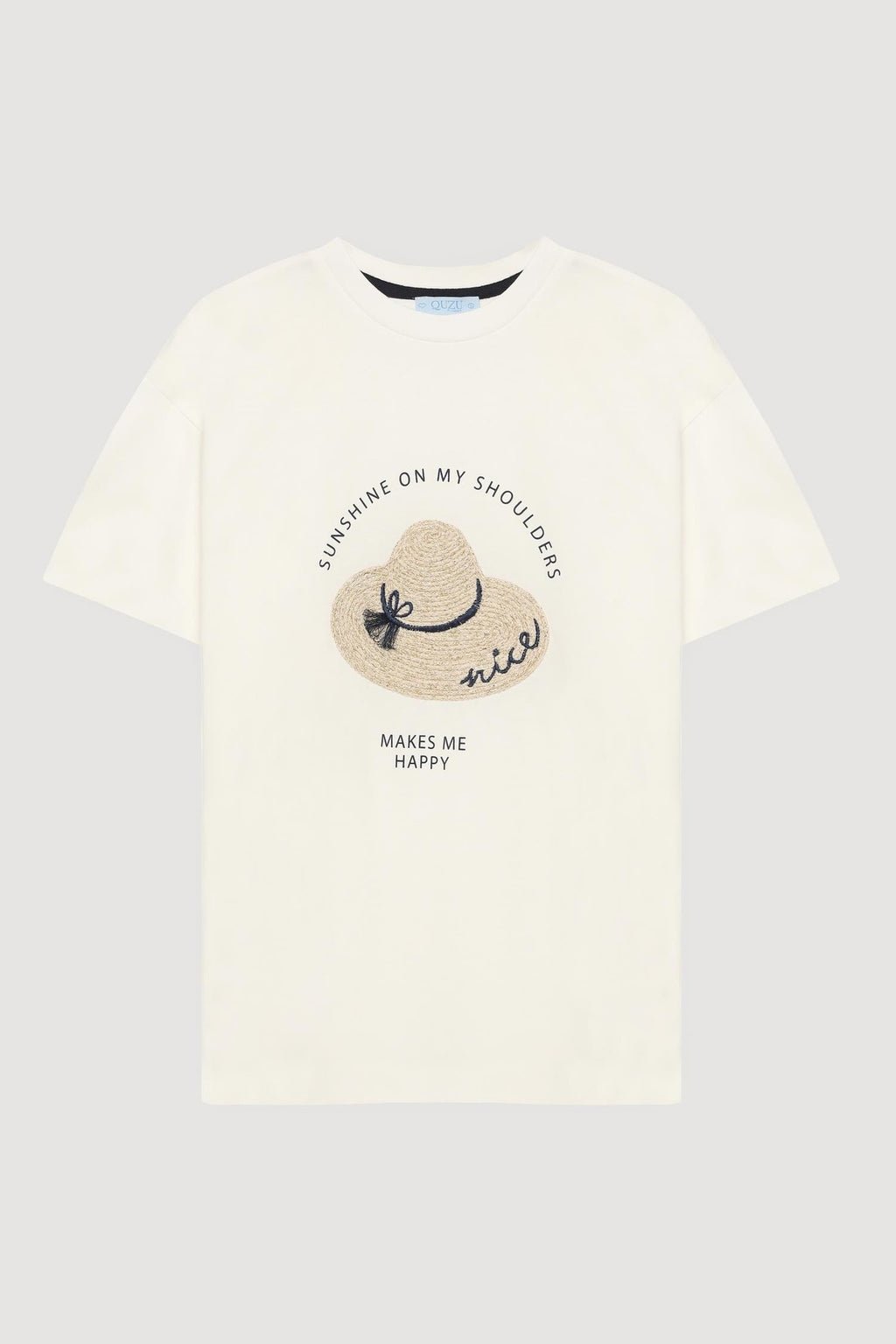 Quzu Baskı ve Nakış Detaylı T-shirt Ekru