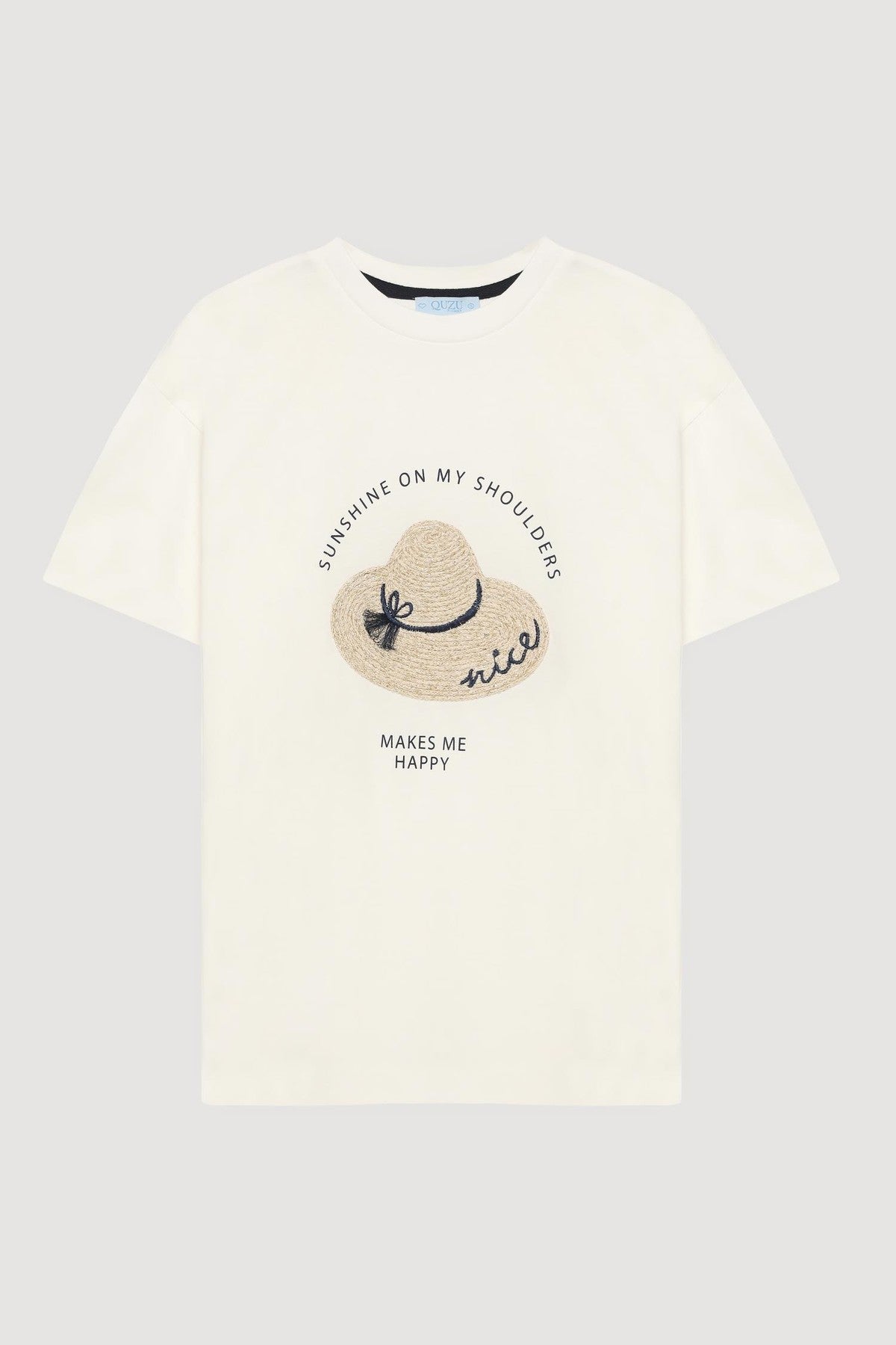Quzu Baskı ve Nakış Detaylı T-shirt Ekru