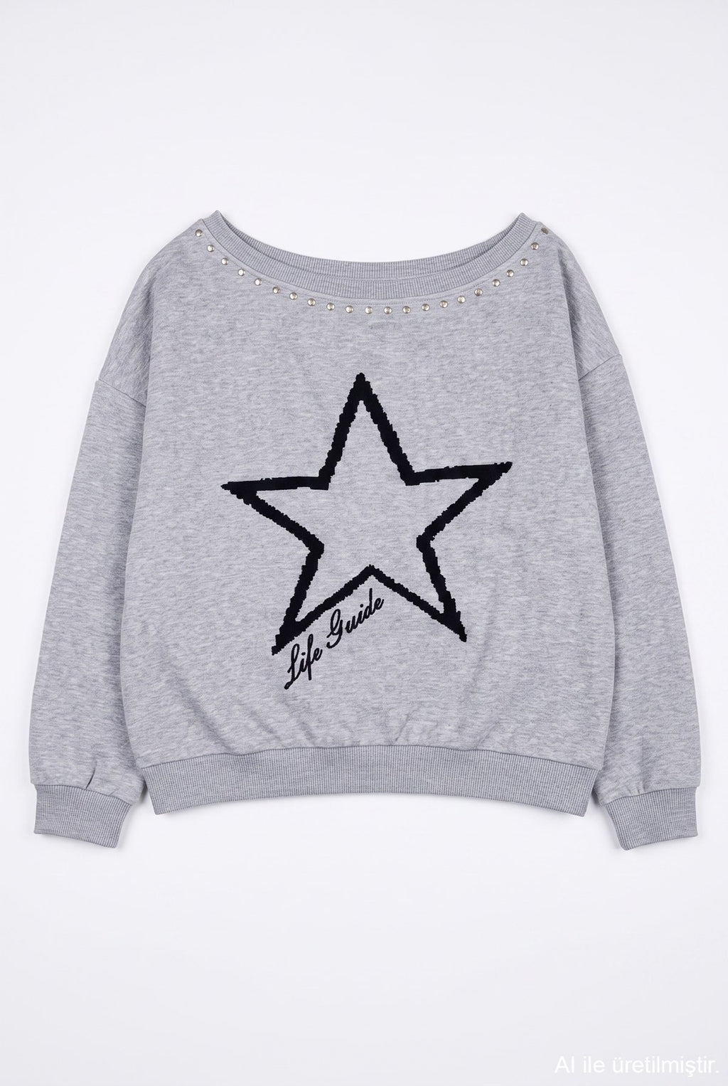 Yıldız Detaylı Sweatshirt Gri Melanj