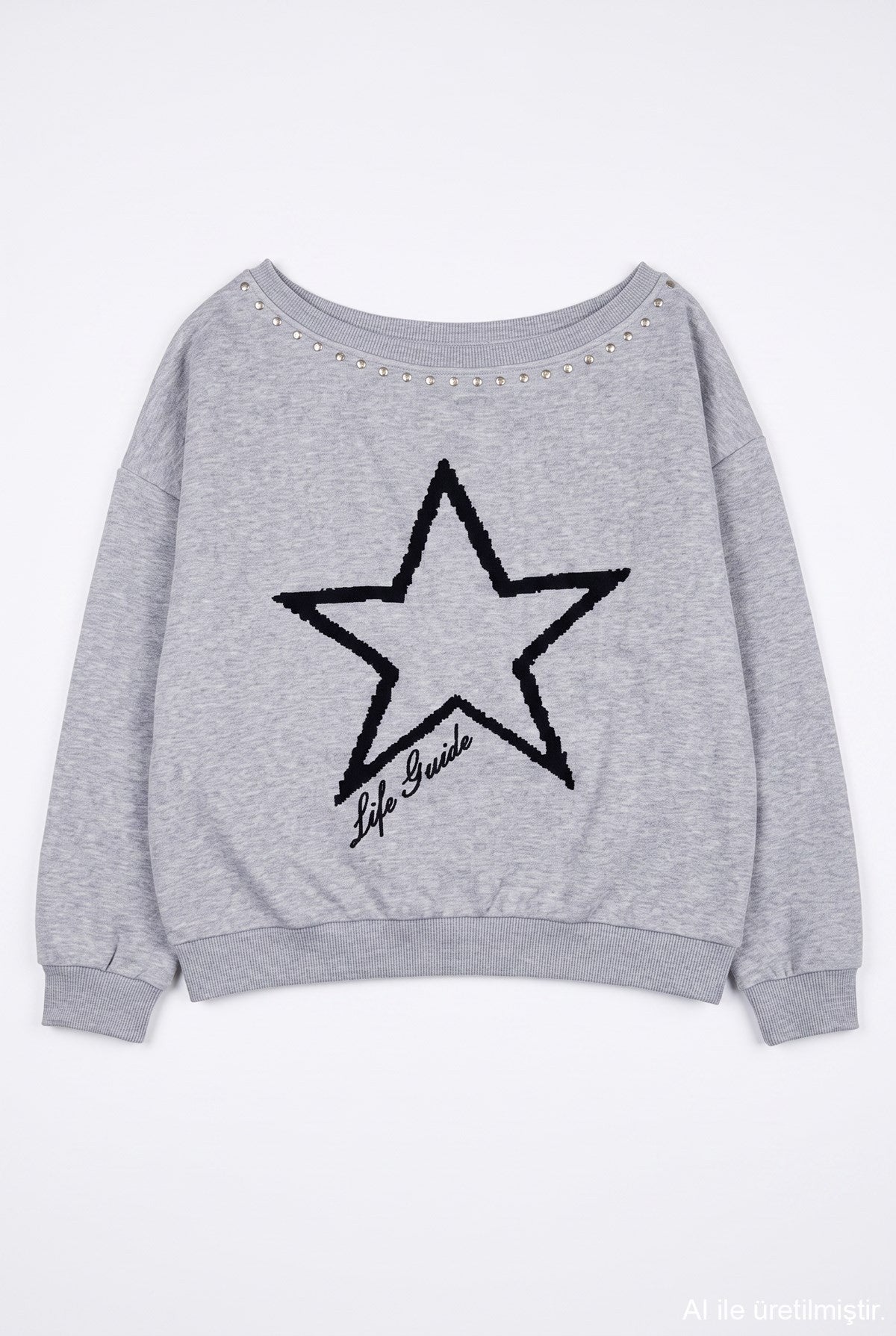 Yıldız Detaylı Sweatshirt Gri Melanj