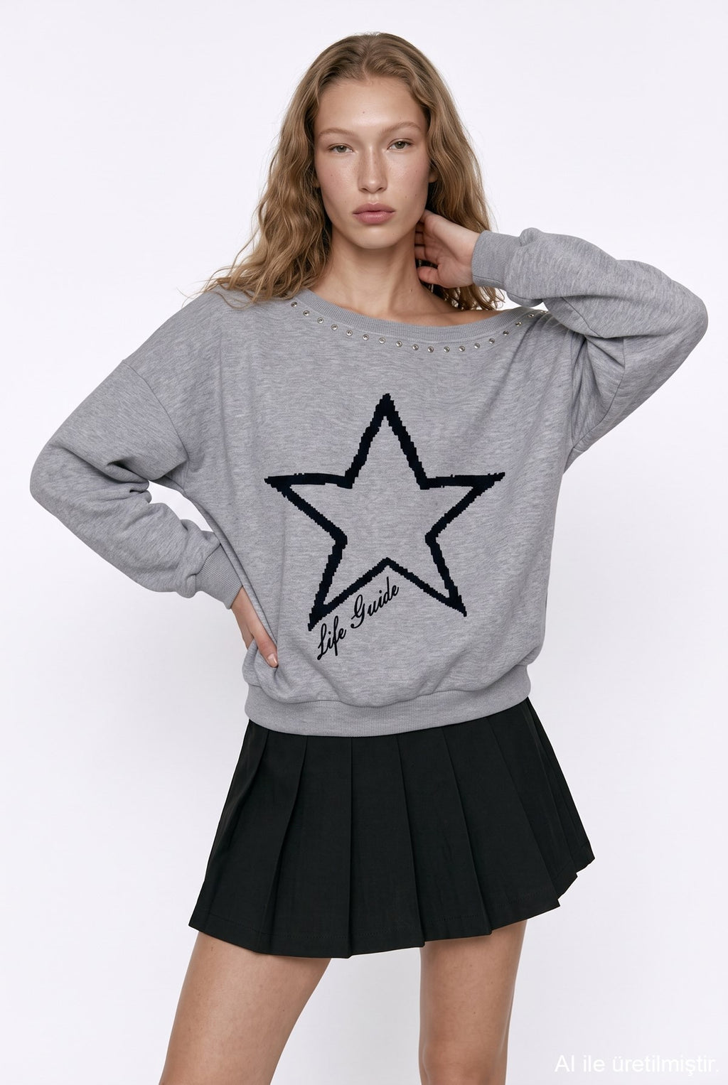 Yıldız Detaylı Sweatshirt Gri Melanj