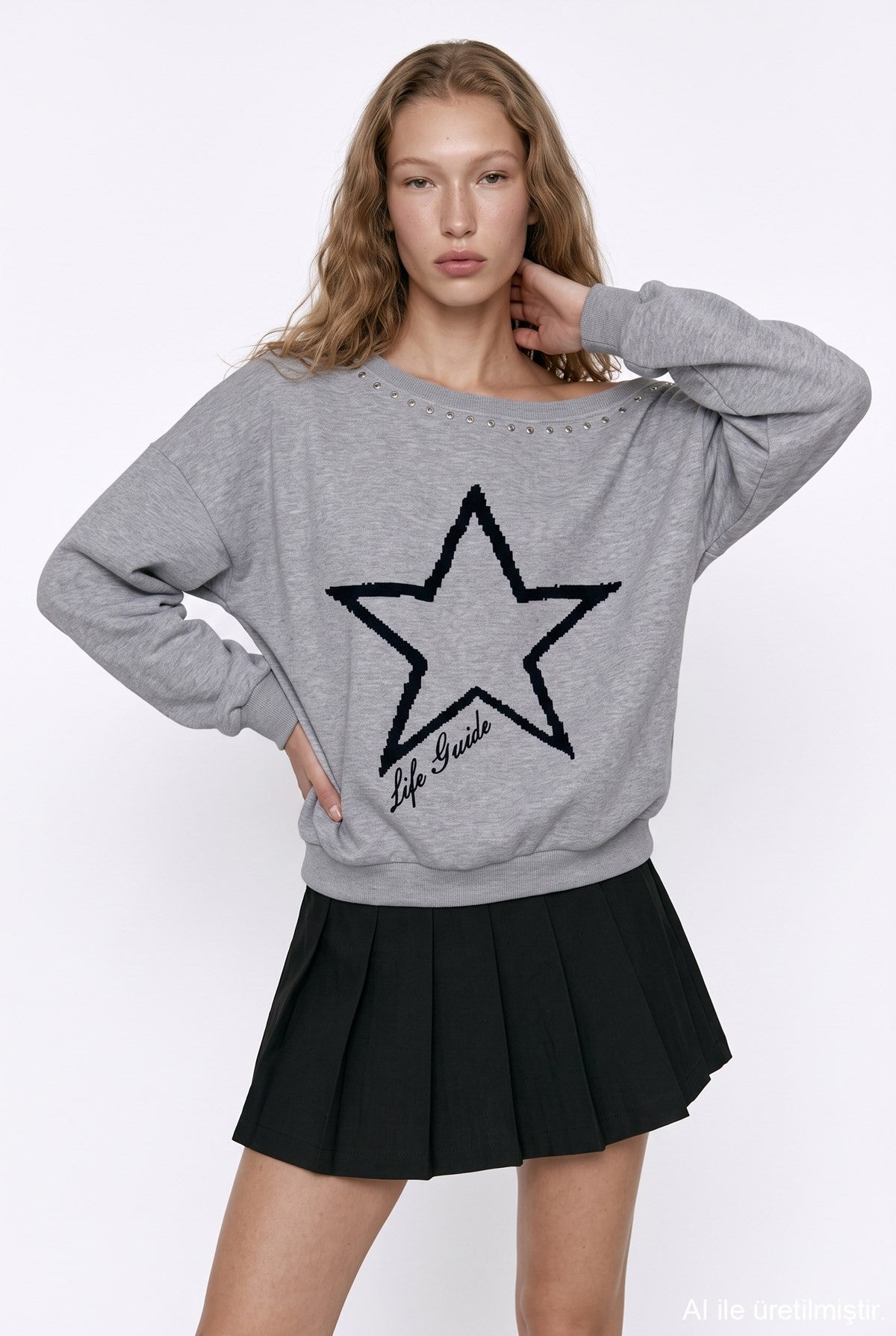 Yıldız Detaylı Sweatshirt Gri Melanj