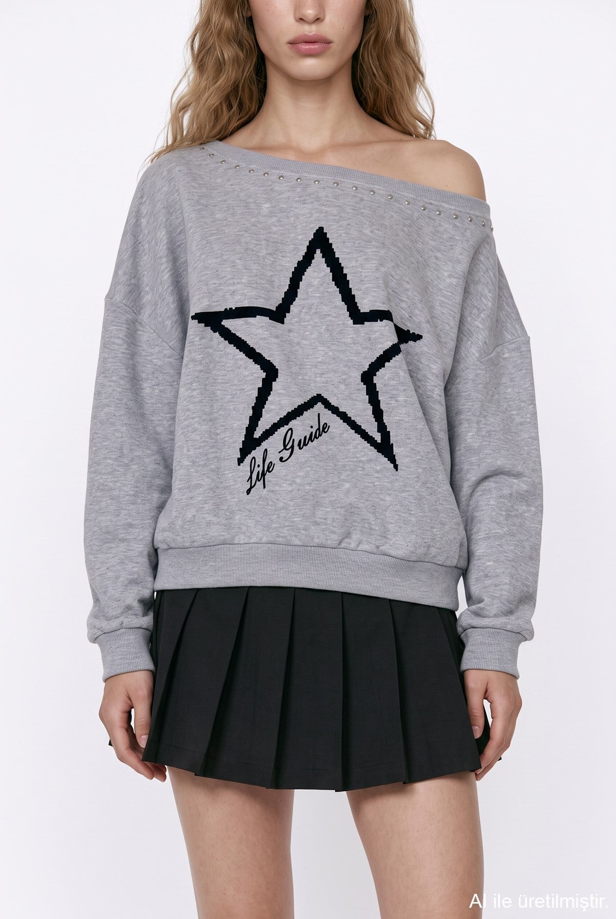 Yıldız Detaylı Sweatshirt Gri Melanj