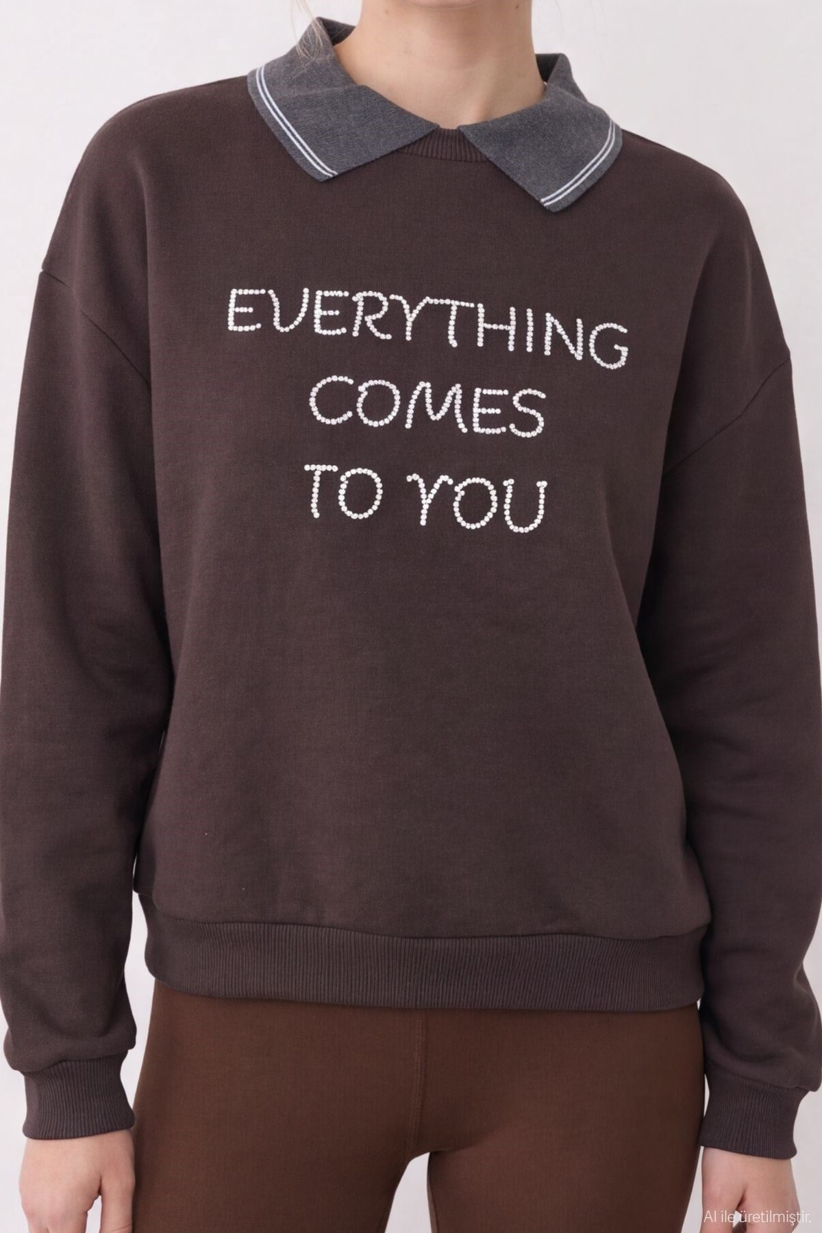 Yaka Detay Sweatshirt Kahve
